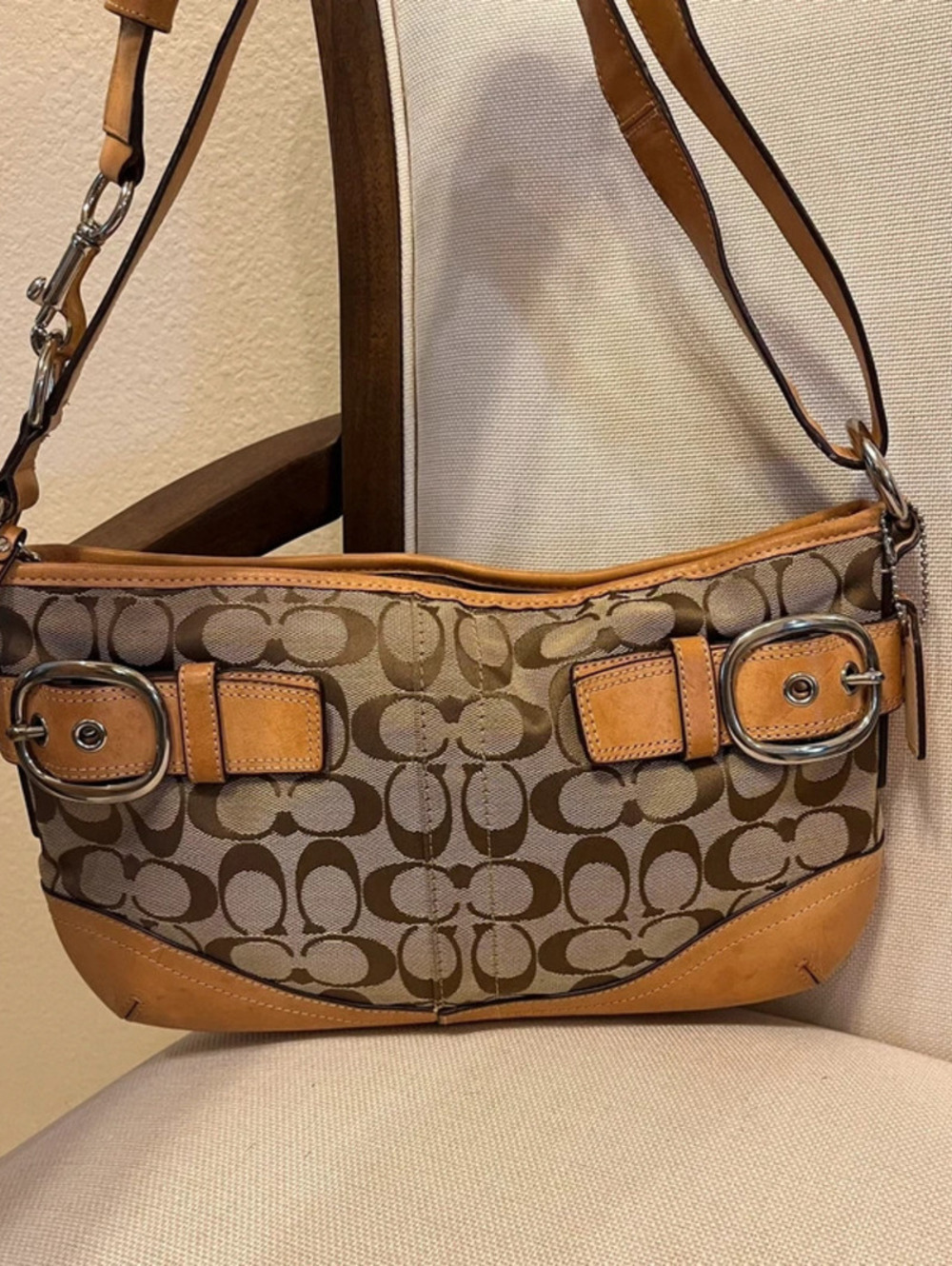 Coach vintage 2 way bag signature canvas print and tan leather